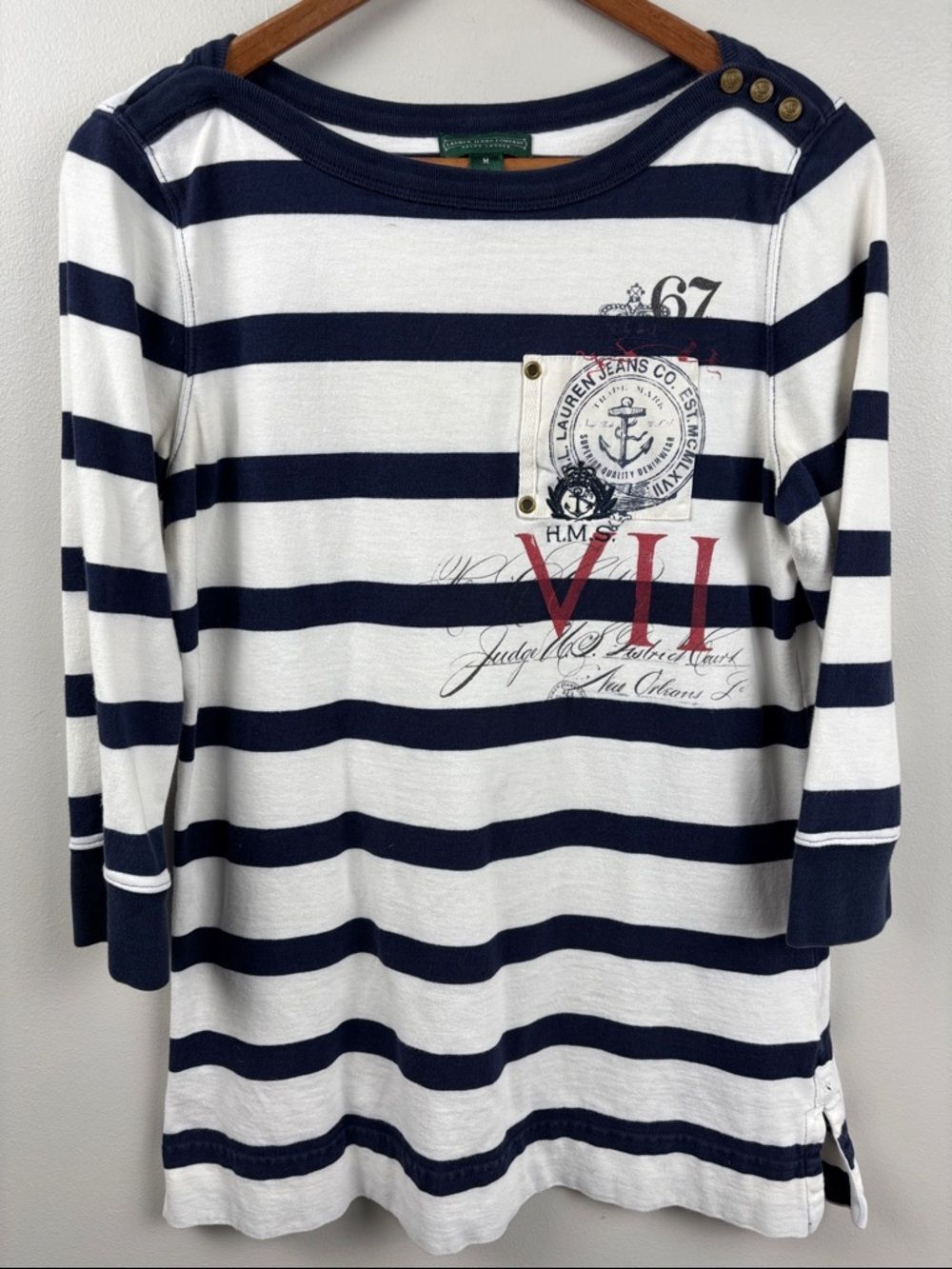Ralph Lauren Navy & White Striped Long-Sleeve Nautical Patch Top MEDIUM